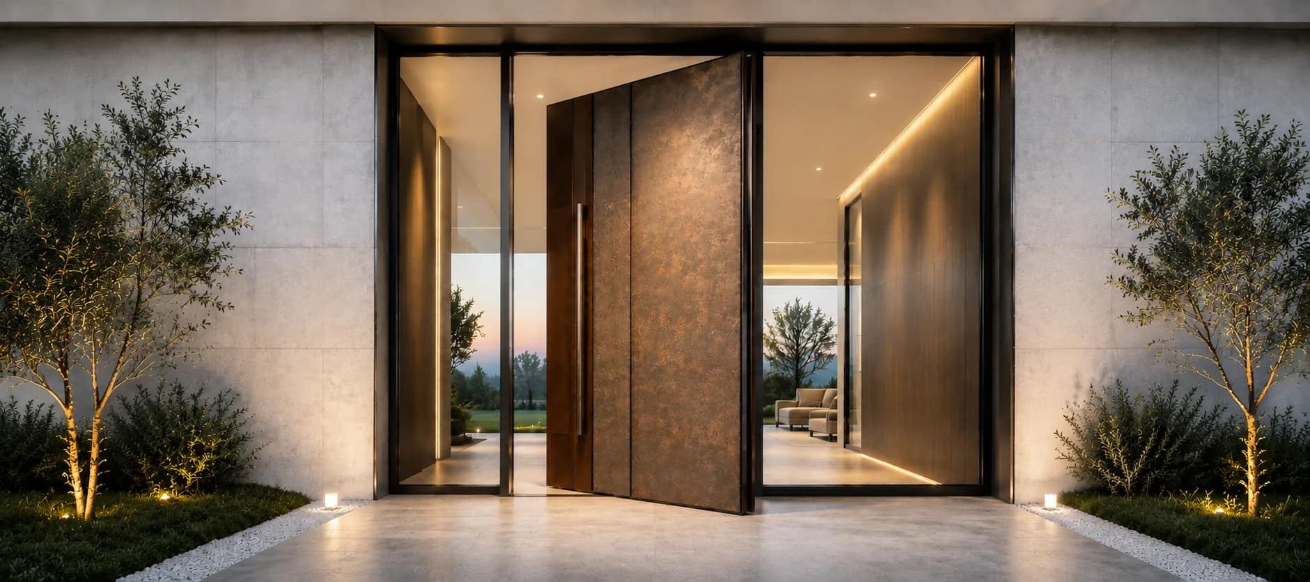 Bronze pivot front door at a symmetrical twilight facade with uplit trees