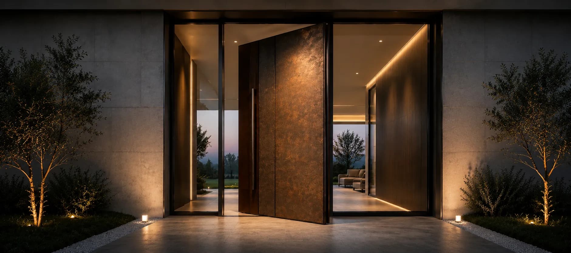 Bronze pivot front door open at a softly uplit dusk entrance
