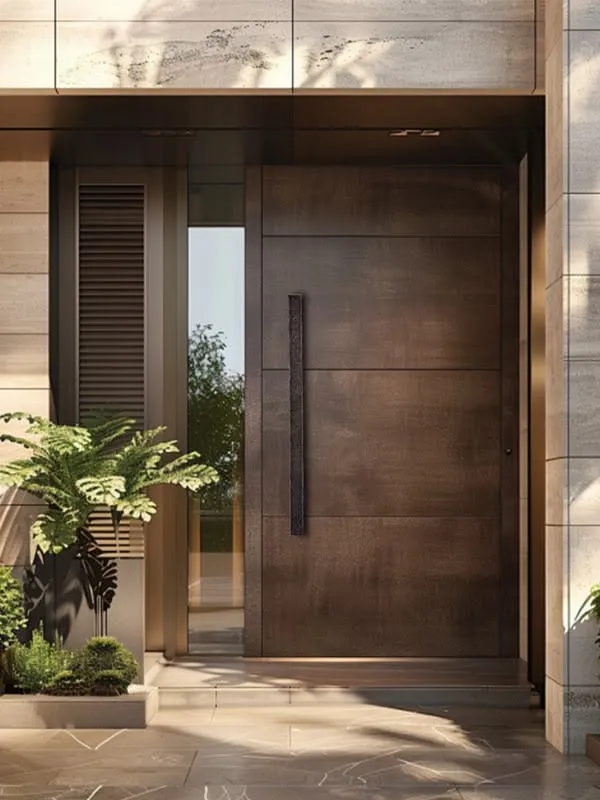 Bronze aluminium door with a recessed textured vertical pull and a slim glazed sidelight in a stone facade