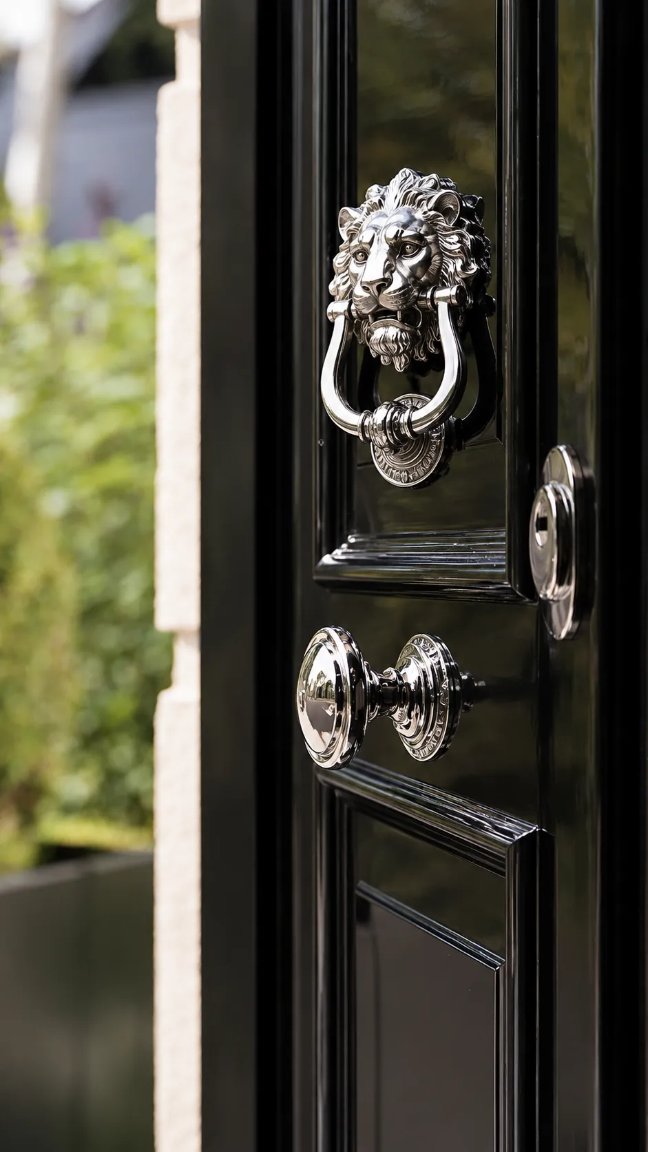 Polished nickel lion knocker and knob on a black door