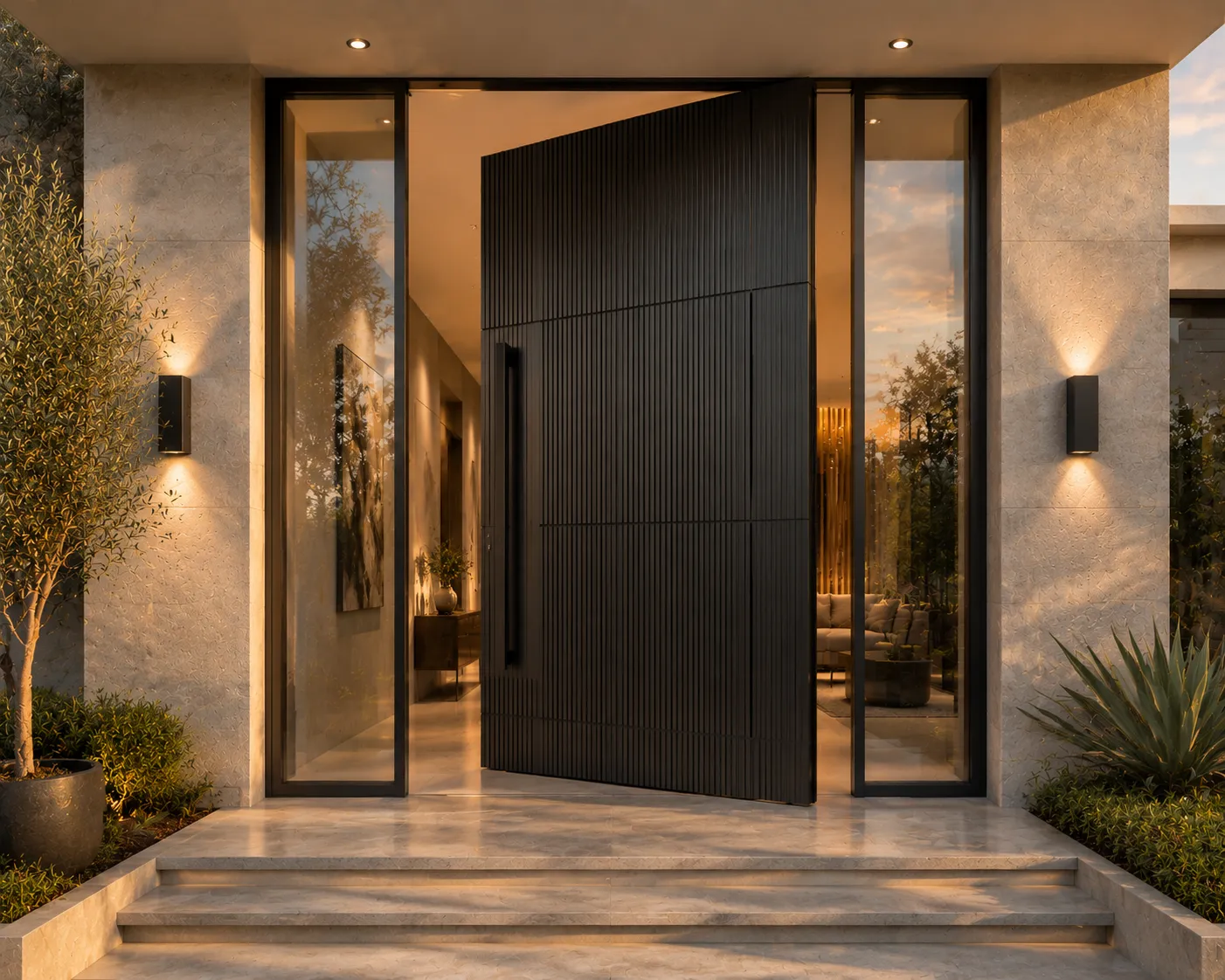 Black vertical-slatted pivot front door in a stone surround at sunset
