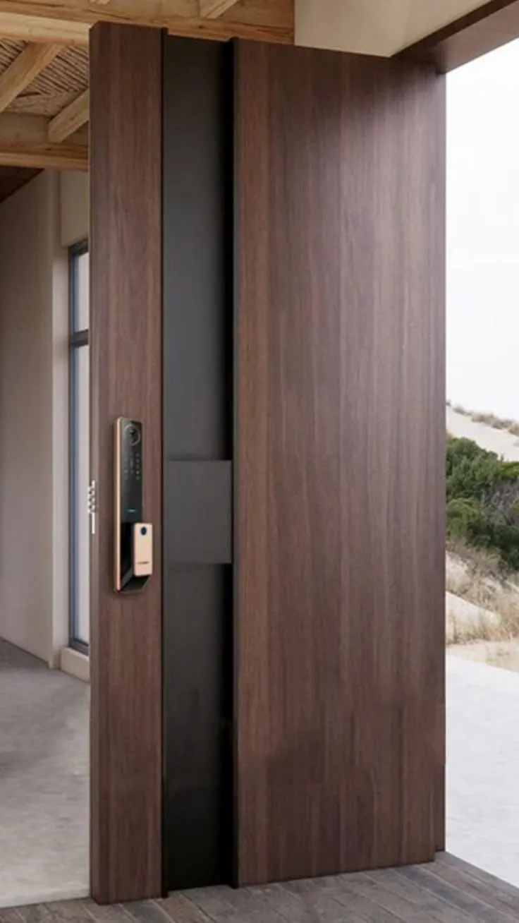 Walnut vertical-grain pivot door with a recessed fingerprint smart-lock and rose-gold handle at a coastal home