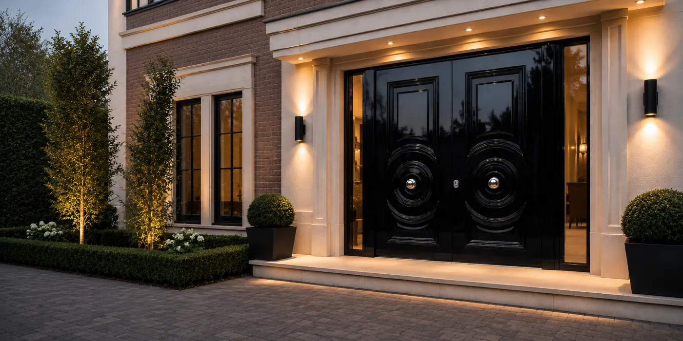 Black gloss steel double doors with concentric-circle bullseye milling, glazed sidelights and a transom at dusk