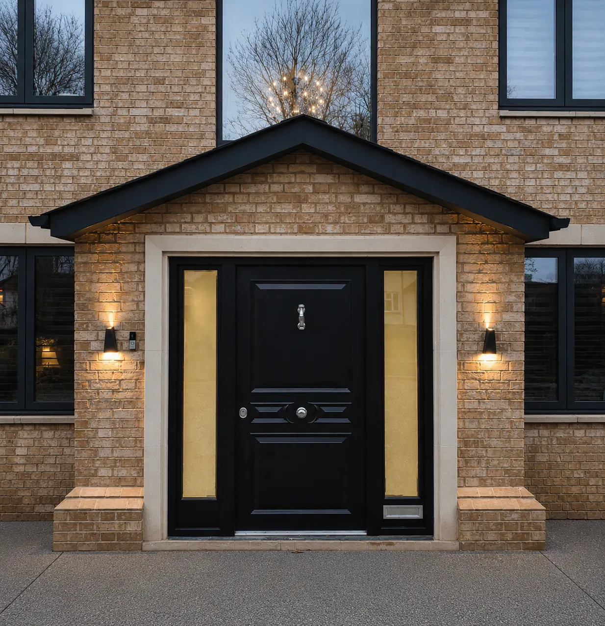 Black single steel front door with sidelights in a gabled brick porch lit at dusk