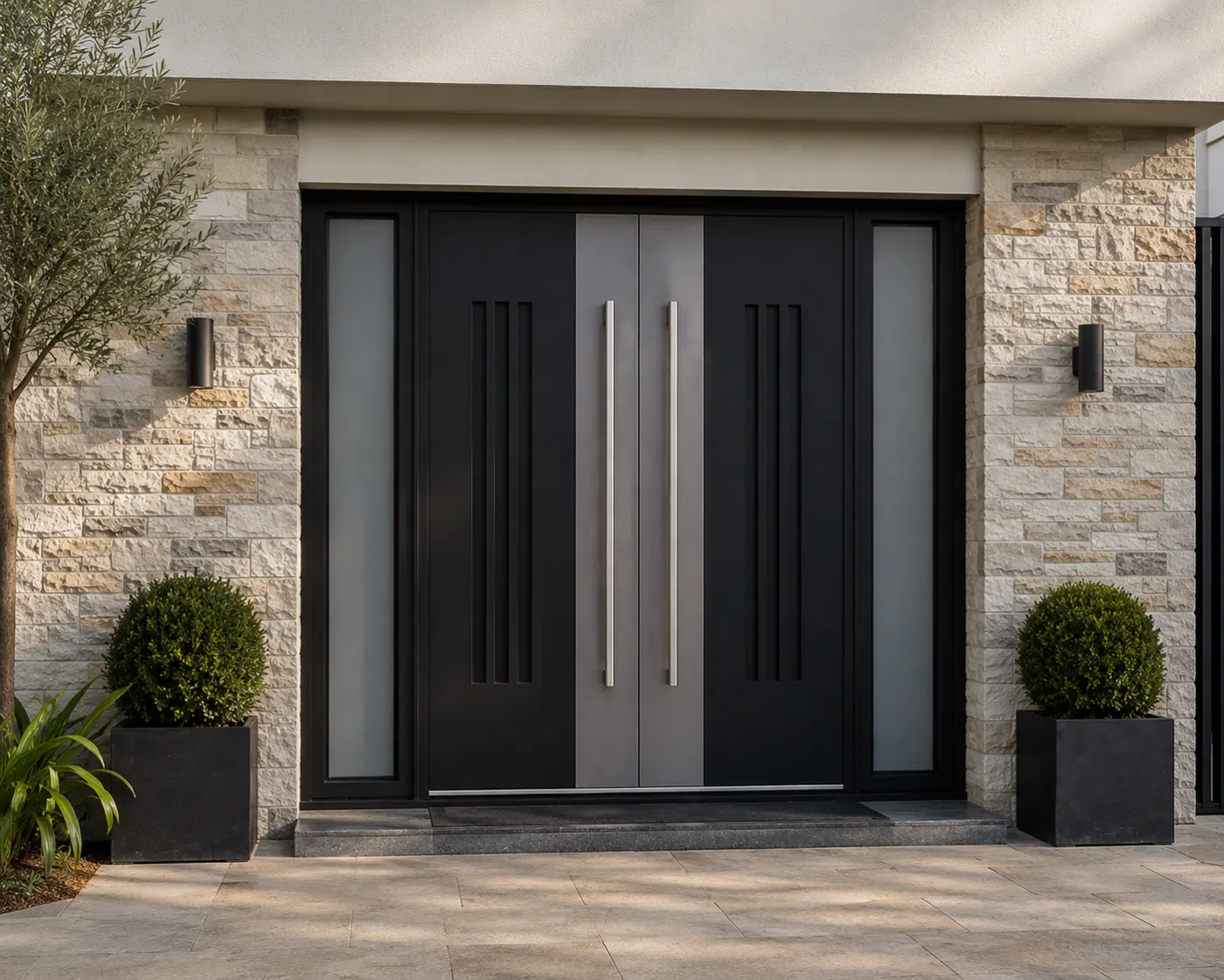 Black aluminium double front doors with twin bar handles in a stacked-stone facade