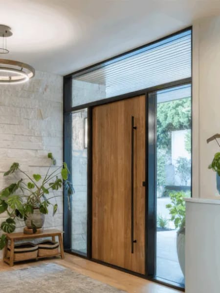 Oak-finish aluminium front door with a full-height glazed sidelight and transom, seen from the hallway