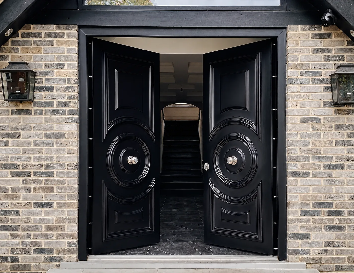 Black gloss steel security front door in a stone mansion porch