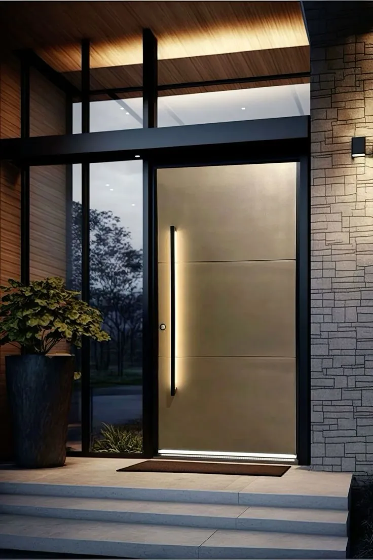 Champagne aluminium front door set in a full-height glazed surround