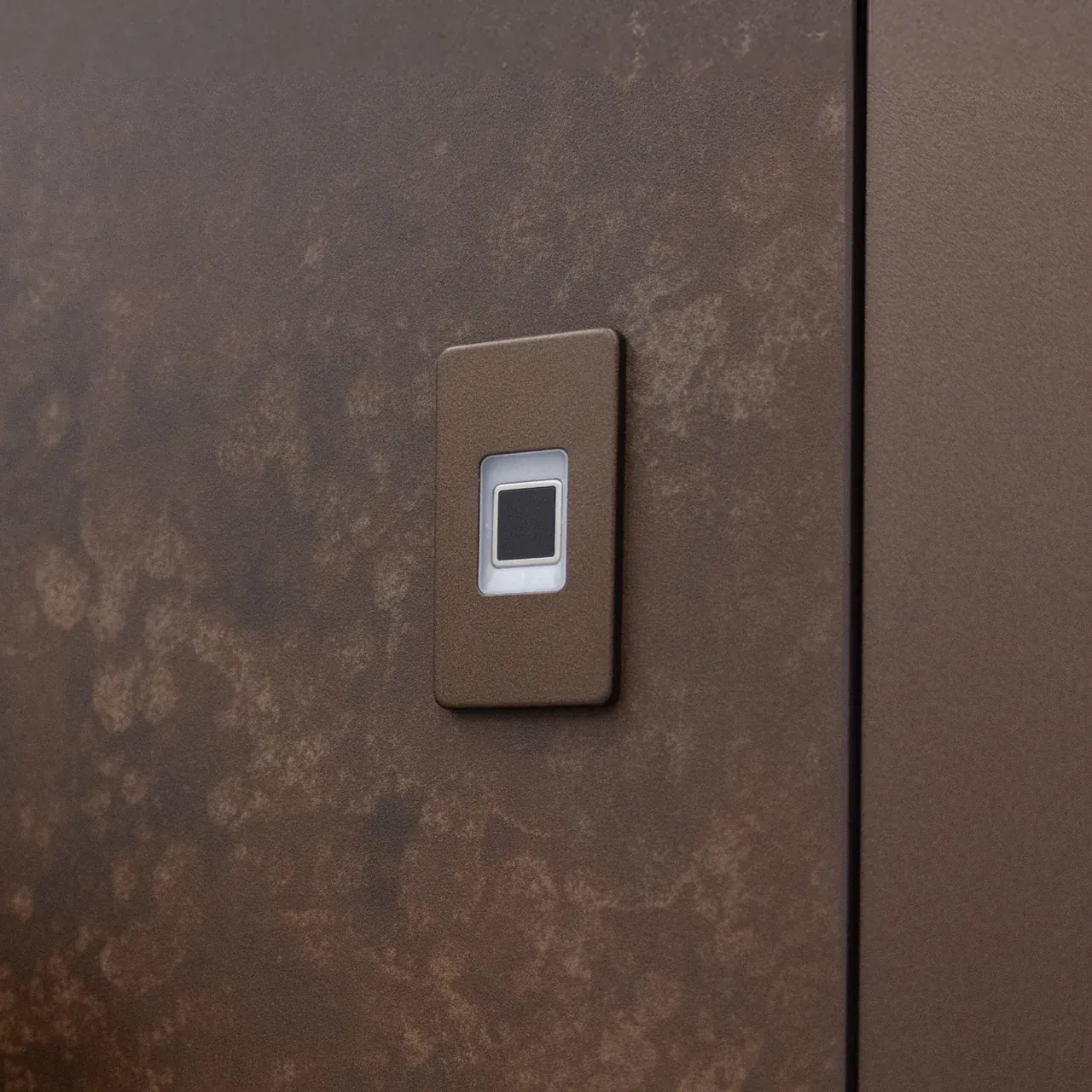 A recessed electronic fingerprint reader set into a bronze aluminium front door