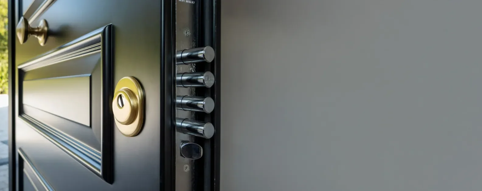 Brushed-steel multipoint locking bolts and a brass cylinder on the edge of a black steel security door