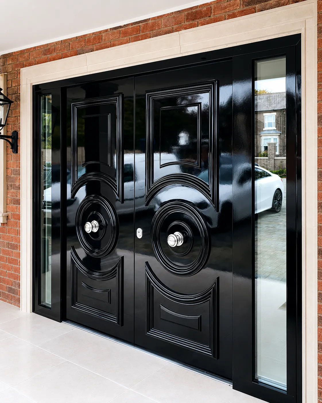 High-gloss black circle-milled double steel security front door with sidelight