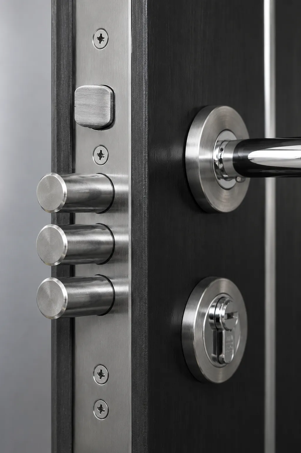 Brushed-steel multipoint locking bolts, thumbturn and lever on a black security door