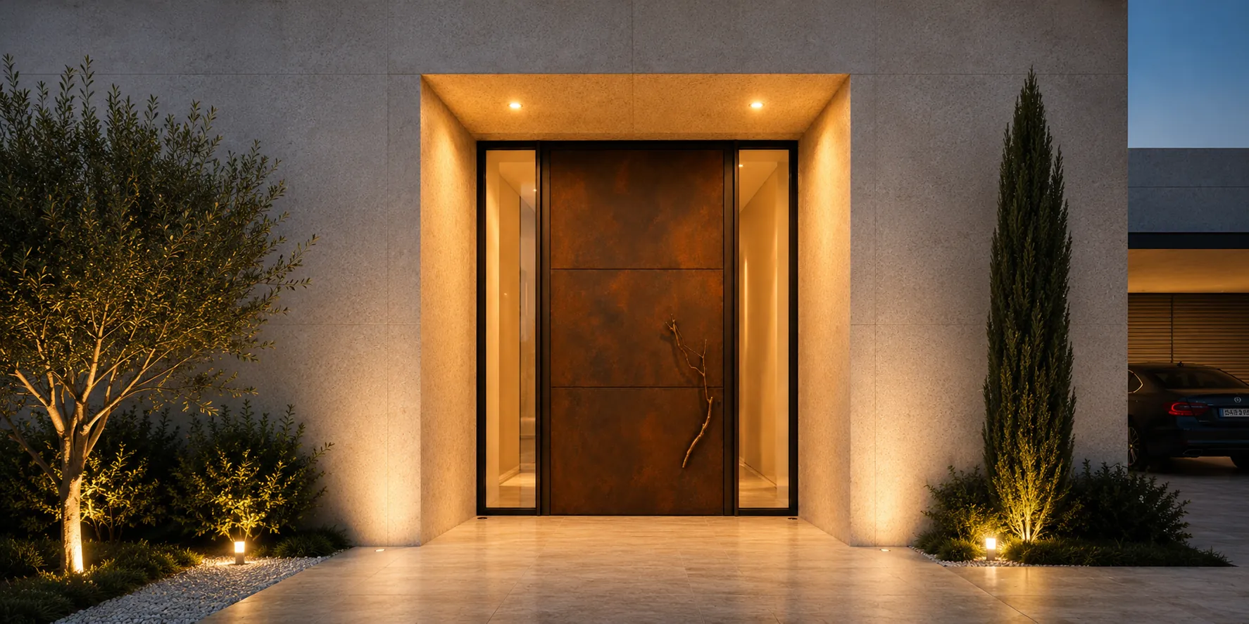 Corten rust-effect aluminium front door at a grand uplit entrance at dusk