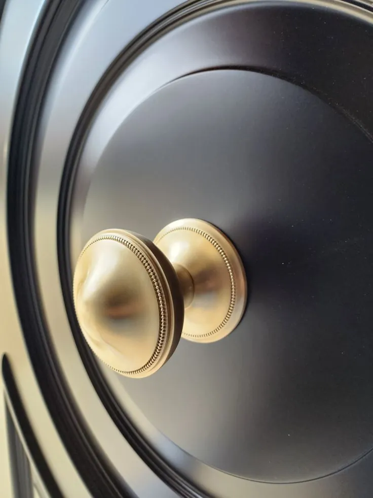 Satin-brass beaded centre knob on a black recessed bullseye door panel