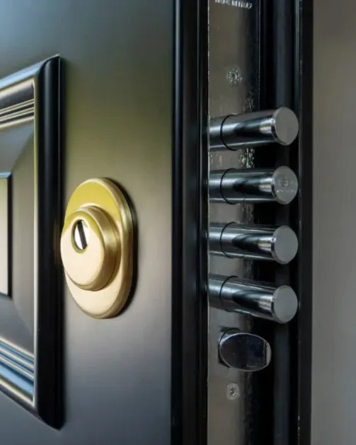 Edge of a black security front door showing a brass euro cylinder and four chrome deadbolt bolts