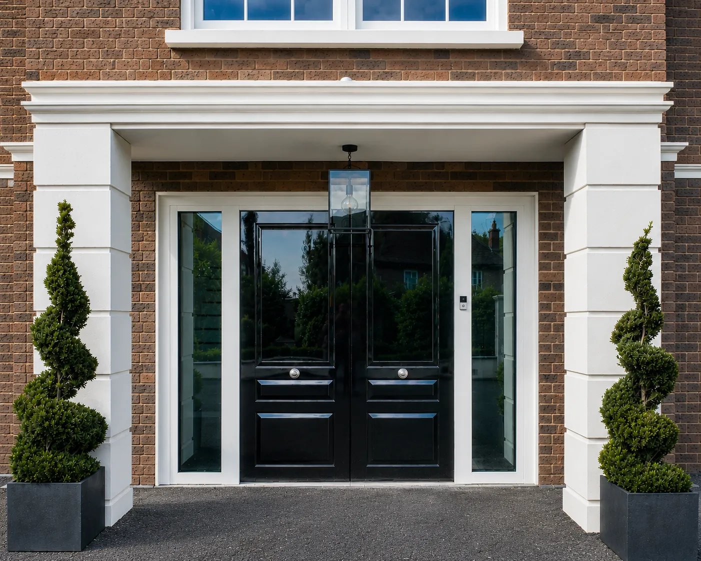 Glossy black double steel security front doors with sidelights, transom and stone surround
