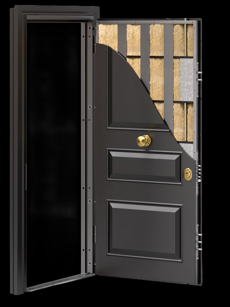 A steel security door held open, the leaf sectioned to reveal the rock-wool insulated core, galvanised steel reinforcement frame and multi-point shoot bolts running down the edge
